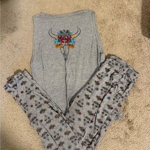 Gray Pajama Set with Floral Bull Design